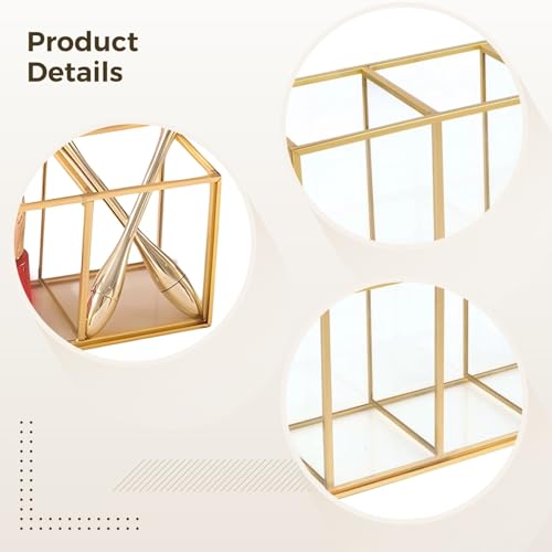 Toyosport Gold Pencil Holder, Gold Makeup Brush Holder, 4-Compartment Desktop Organizer, Transparent Glass Holder, Ideal f...