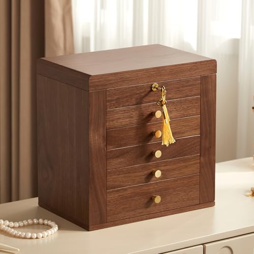 Homruilink Black Walnut Wooden Jewelry Box, Wood Jewelry Organizer with 2 Side Doors Mirror Lockable Classical Style for W...