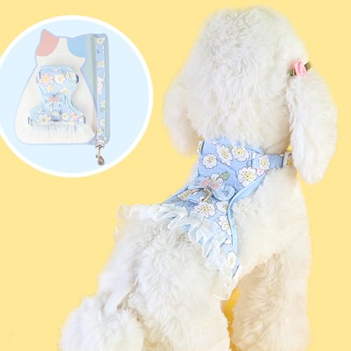 Cat Harness and Leash Set, Sweet Floral Kitten Collar, Escape Proof Small Dog Harness with Organza Ruffles, Cute Blue Dog ...