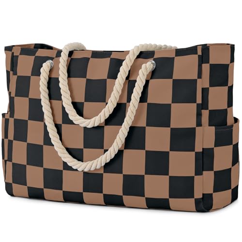 Becokan Beach Bags for Women Checkered Large Beach Tote Bag Zipper Beach Bags Waterproof Sandproof Canvas Swim Pool Bag