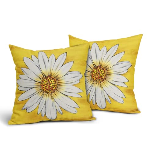 Summer Daisy Floral Pillow Covers 18X18 Inch Set of 2 White Petal Flower Bloom Decorative Pillow Cases Yellow Seasonal Cot...