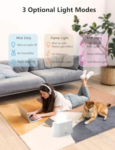 PIZAY Essential Oil Diffuser, Air Humidifier with Flame Led Light - 7 Colors, 180mL Capacity (8 Hours), Noiseless Operatio...