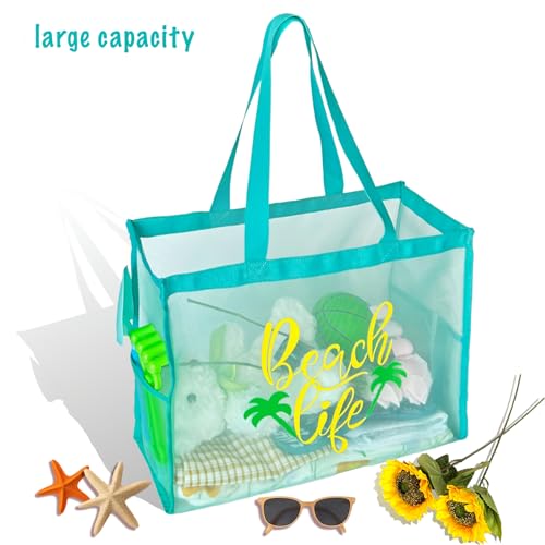 Scimdbg Large Beach Tote Bags With Funny Beach Phrases,Sandproof Foldable Mesh Bag For Poolside,Travel,Swimming | bright c...