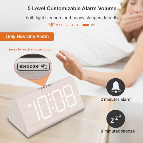 DreamSky Wooden Digital Alarm Clock for Bedroom - Living Room Desk Clock with Large Numbers, Bedside Nightstand Clock with...