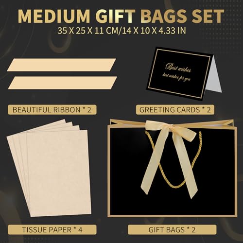 woric Black Gift Bags with Handles, 14" Medium Gift Bag with Tissue Paper, 2 Pcs Bags with 4 Tissue Paper and 2 Cards for ...