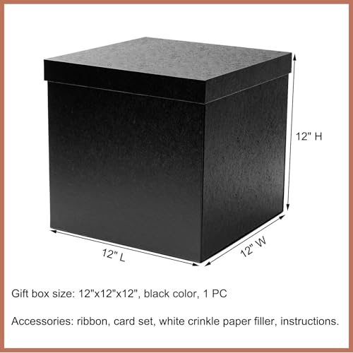 Mefleet Large Gift Box with Lid for Presents 12x12x12 Inches Extra Big Deep Square Black Boxes 1 Pack for Christmas, Birth...