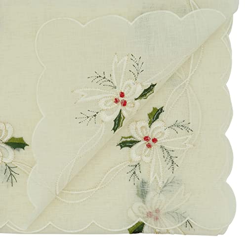 SARO LIFESTYLE Winika Collection Embroidered Holly and Ribbon Table Runner, 16"x90", White