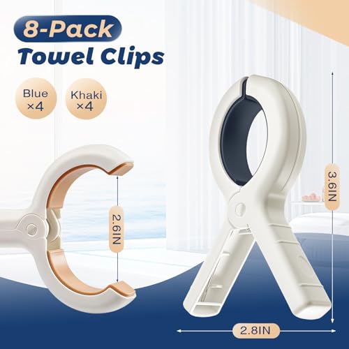 Beach Towel Clips for Beach Chairs, 8 Pack Heavy Duty Towel Clips for Pool Chair Cruise Boat Lounge Chair, Strong Grip Clo...