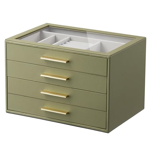 Jewelry Box Organizer Case for Women: 4-Layer Jewelry Storage Case with Glass Window, Olive Green Leather with Cream Velve...