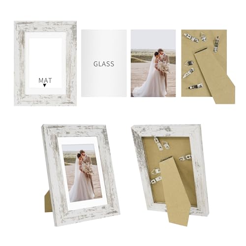 Hongkee 5x7 Picture Frame Set of 4, Made of Real Glass and Distressed White Wooden Frame, 5 by 7 Photo for Wall or Tableto...