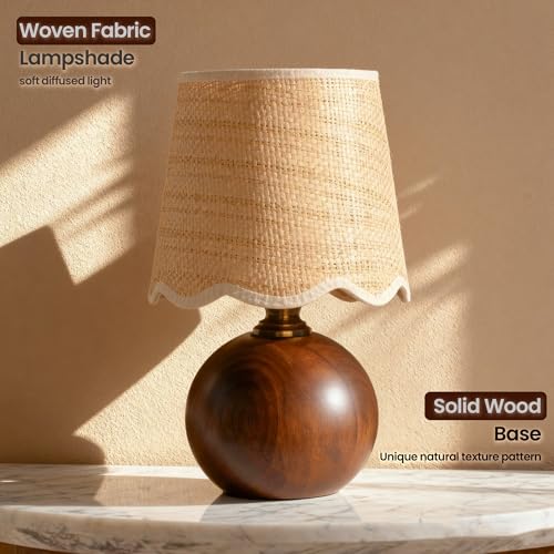 URLIGHTS 11.4" Modern Wooden Bedside Table Lamp, Small Nightstand Desk Lamp with Fabric Shade, Warm Ambient Light, Dimmabl...
