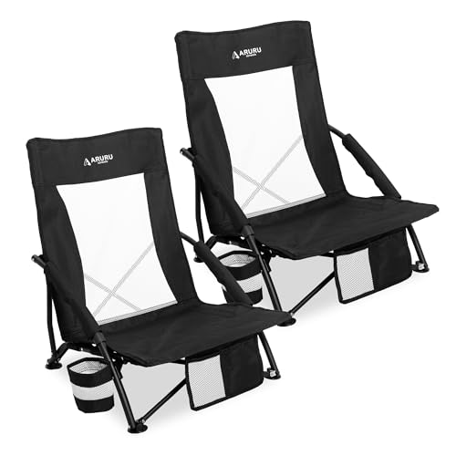 ARURU Low Folding Beach Chairs for Adults 2 Pack, Portable Lightweight Sling Beach Camping Chair with Cup Holder,Armrest,F...