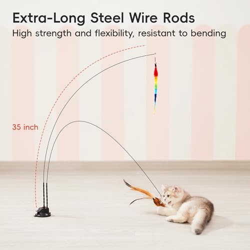 Potaroma Suction Cup Cat Wand Toys, Dual-Wand Interactive Kitten Toy for Indoor Cats with 5 Pcs Feathers Balls Attachment...