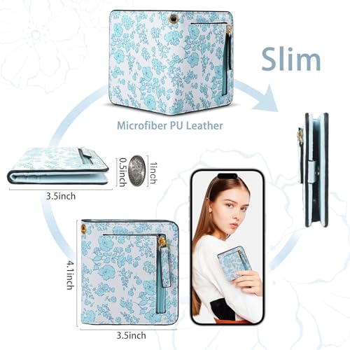 COSHAYSOO Personalized RFID Slim Bifold Wallet for Women Teen Girls with Wristlet Keychain, Blue Small Wallets Woman Cute ...