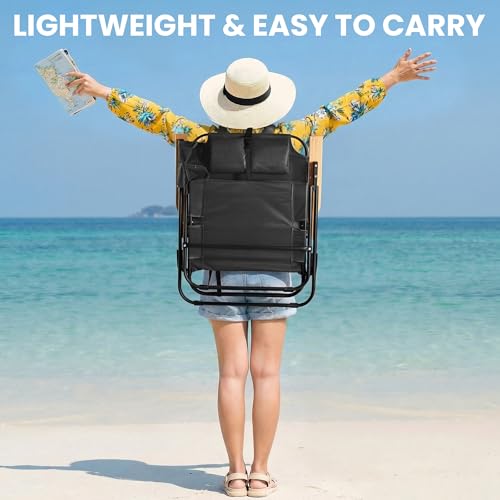Cansky Portable Beach Chair for Adults, Outdoor Lightweight Camping Chair with Wooden Desgin Armrests, 5-Position Reclinin...