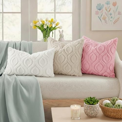 decorUhome Throw Pillow Covers 18x18 Inch Set of 2, Soft Plush Faux Wool Beige Solid Couch Pillow Covers, Accent Farmhouse...