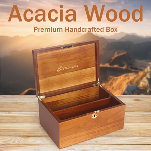 BELO VALE Premium Acacia Keepsake Box, Lockable Hand-Crafted Memory Box For Keepsakes with Removable Compartment,Wooden De...