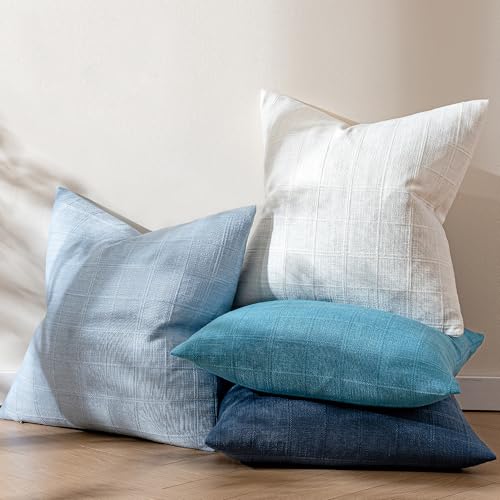 Aesthaboho Blue Linen Pillow Covers Set of 4, Decorative Plaid Throw Pillow Covers 20 x 20 Inch, Boho Cushion Soft Neutral...
