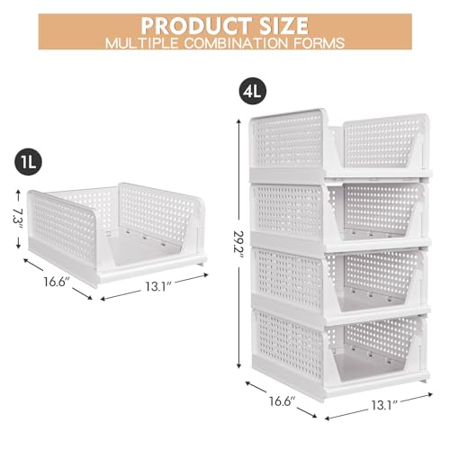 4 Pack Stackable Closet Storage Basket - Stackable Storage Bins, Multifunctional & Foldable Closet Organizer Divided, Ward...