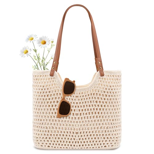 Peicees Crochet Beach Bag Purse, Boho Woven Tote with Leak-Proof Lining For Summer Vacation Travel Casual Shoulder Bag Soft