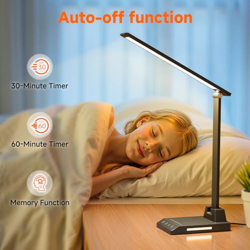 ShineTech LED Desk Lamp with USB-C Charging Port, Dimmable Desk Lamp for Home Office, Eye-Caring Reading Lamp with 25 Ligh...