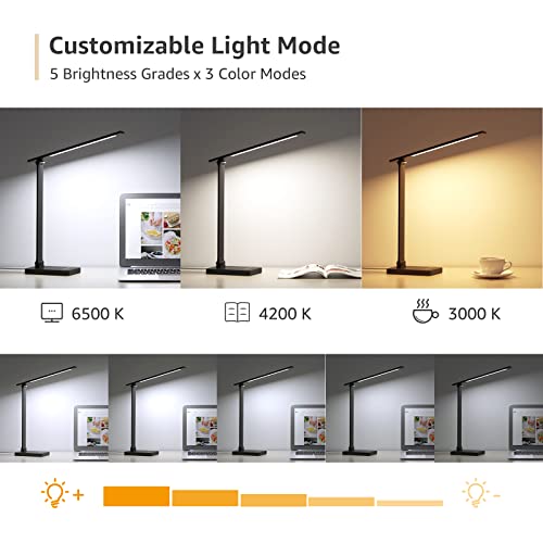 Lepro LED Desk Lamp with USB Charging Port,650LM Dimmable Home Office Touch Control Reading Table Lamp,5 Color Modes with ...