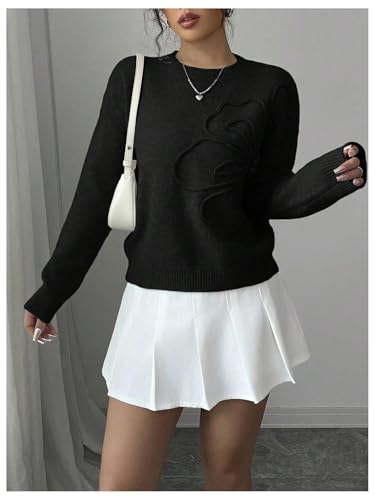 Verdusa Women's Spring 3D Flower Appliques Crewneck Sweaters Long Sleeve Drop Shoulder Pullovers Knit Going Out Tops