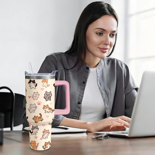 Xchearser Cute Cat Tumbler with Handle and Straw, 40oz Travel Coffee Mug Water Bottle with Lid, Stainless Steel Insulated ...