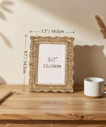Afuly 5x7 Picture Frame Boho Woven Photo Frame Beige Frames Rope Wave Unique Wall Hanging Desk Standing Home Decor with Re...