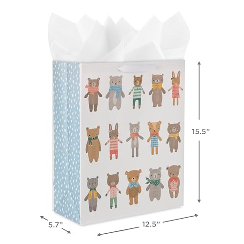 Hallmark 15" Extra Large Gift Bag with Tissue Paper (Bears and Bunnies) for Kids, Baby Showers, First Birthdays