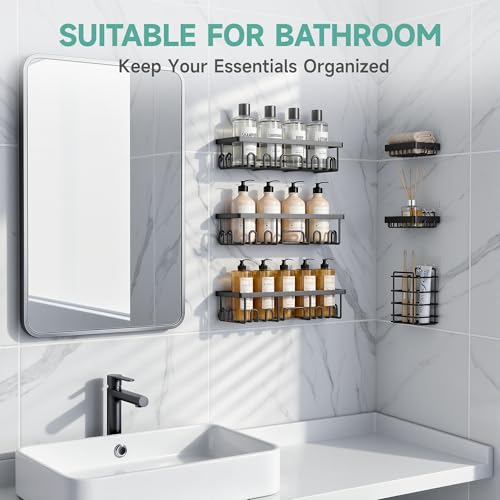Veken Shower Caddy 6-Pack, Advanced Rustproof Design, No Drilling Adhesive Shelves, Rack with Soap Holder, Large Capacity ...