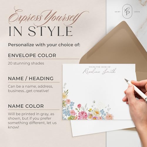 Personalized Stationery for Women, Floral Flat Card with Custom Note Cards Name, Watercolor Personalized Note Cards with E...