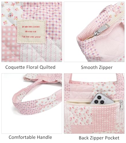 Ecohaso Quilted Tote Bag for Women, Cute Tote Bag with Top Zipper for College Work Travel Casual Shoulder Bag Purse handbags