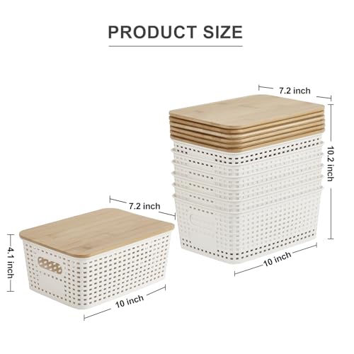 Bagnizer Small Plastic Storage Bins with Bamboo Lids 5.2qt Stackable Box Basket Pantry Decorative Containers Cute with Lab...
