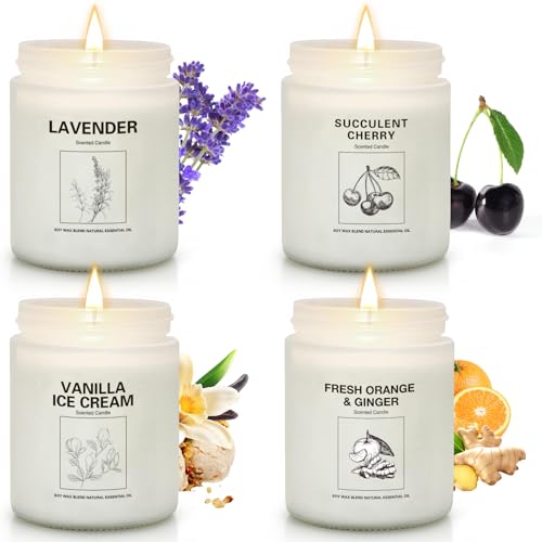 Soy Wax Scented Candle Gift Set, 4 Pack Lavender, Orange & Ginger, Vanilla Scents, Long Lasting Aromatherapy Candles for H...