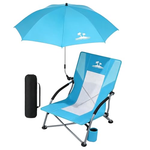 Folding Beach Chair with Umbrella, Low Profile Portable Sand Chair for Adults, Breathable Mesh Beach Seat with Cup Holder,...
