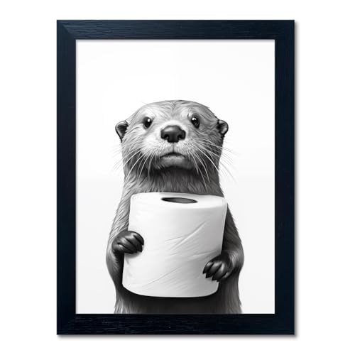 Bathroom Picture Wall Decor, Framed Black and White Bathroom Wall Art, Toilet Paper in Little Funny Raccoon's Hand Animal ...