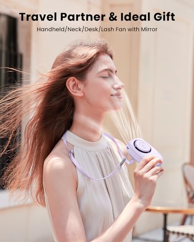 Gaiatop Mini Neck Fan, Rechargeable Handheld Desk Use, LED Power Display 3 Speed 360°Rotate Mirror for Lash Makeup, Cute C...