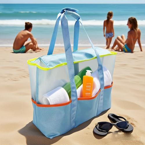 iYuening Tote Bag with Zipper Water Resistant，Work Tote Bag, Extra Large Mesh Beach Bag,Travel Bag for Women Man