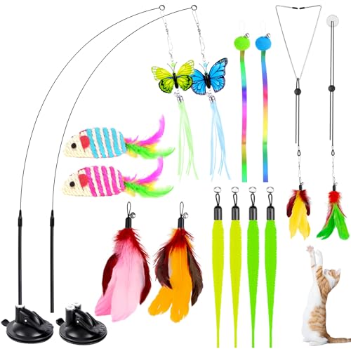 HONGDDY Cat Toys for Indoor Cats, 14Pcs 4 in 1 Cat Interactive Toys, Hanging Door Kitten Wand with Suction Cup Removable F...