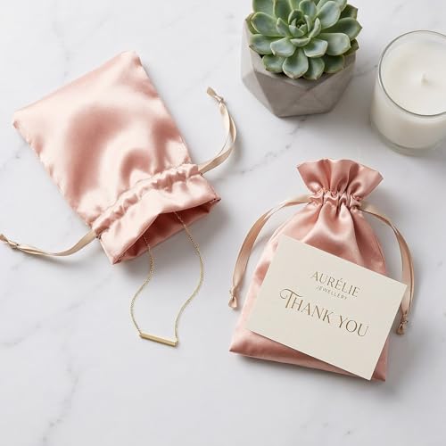 Knitial 50 Pack 5" x 8" Rose Gold Satin Gift Bags with Drawstring, Jewelry Pouches, Wedding Favor Bags for Baby Shower Bir...