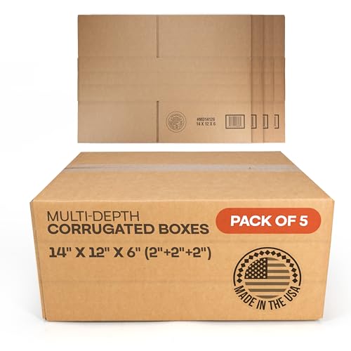 Multi-Depth Corrugated Shipping Boxes, 14"L x 12"W x 6"H, Pack of 5 - USA-Made Boxes for Moving, Storage & Small Business ...