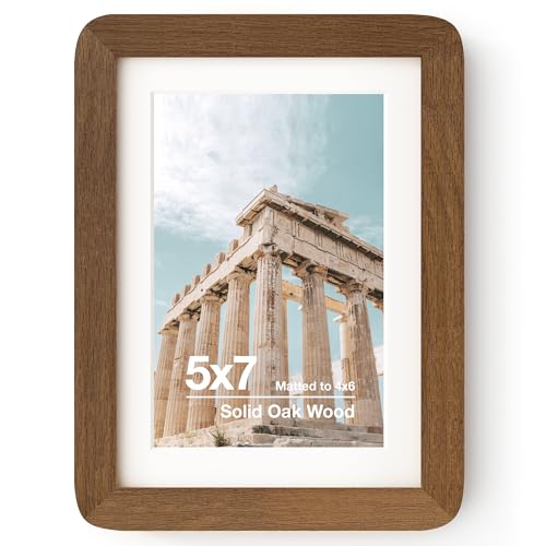 FLYJOE 5x7 Solid Oak Wood Photo Frame | 5x7 Picture Frame With Mat For 4x6 | Plexiglas And Hanging Hardware Included | Wal...
