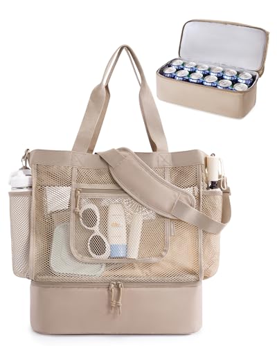 BAGSMART Beach Bag for Women, Mesh Tote Bags with Zipper, Sandproof Vacation Essentials with Cooler for Swim Cruise Pool