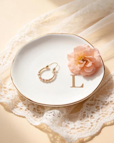 Fmeida Jewelry Tray Ring Dish for Women, Initials Ceramic Jewelry Dish, Personalized Aesthetic Decorative Birthday Valenti...