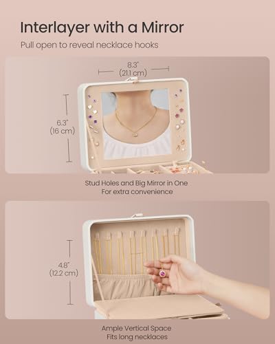 SONGMICS Jewelry Box Organizer with Mirror, 2-Layer Jewelry Holder Case, Removable Tray, 6.9 x 8.7 x 4.3 Inches, Earring N...