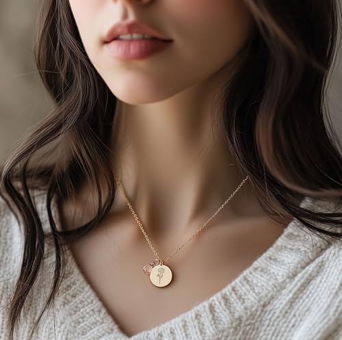 Birth Flower Necklaces for Women, 18K Gold Plated Dainty Birthstone Pendant Necklaces Handmade Birth Month Flower Jewelry ...