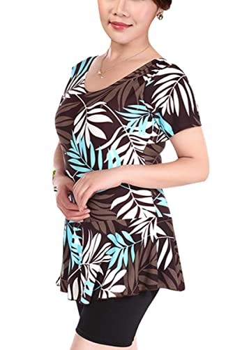 Knaspor Women's One Piece Swim Dress Modest Swimsuit Floral Leaf Print Short Sleeve Swimwear
