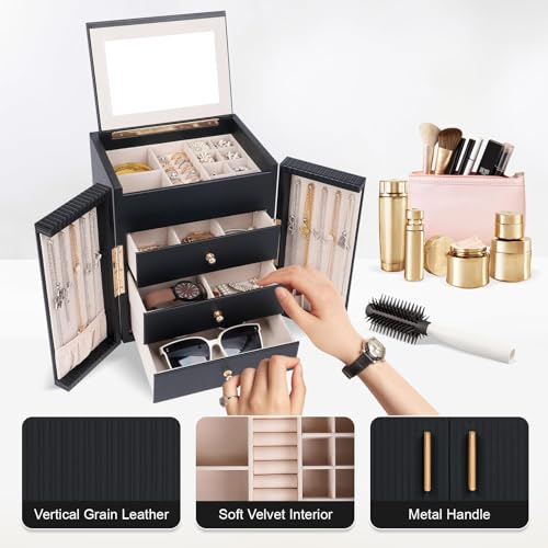 Dajasan Large Jewelry Box for Women, Jewelry Organizer Box with 3 Drawers, Jewelry Storage Organizer with Mirror for Neckl...