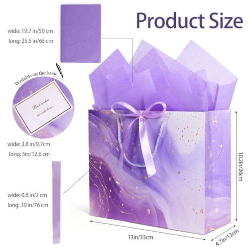 Purple Gift Bags, 2PCS 13” Large Gift Bags with Tissue Paper and Greeting Cards, Gift Bag with Handles Bow for Women Girl...